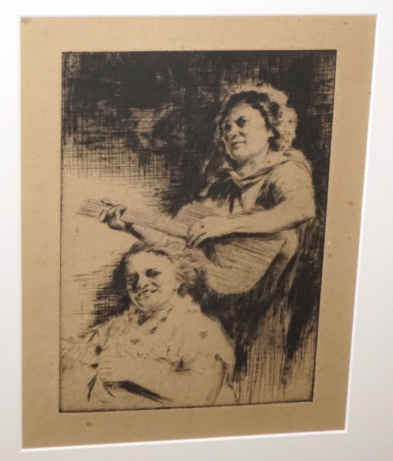 1930s Hawaii Etching Print "Two Musicians" by John M. Kelly (1879-1962) (+)