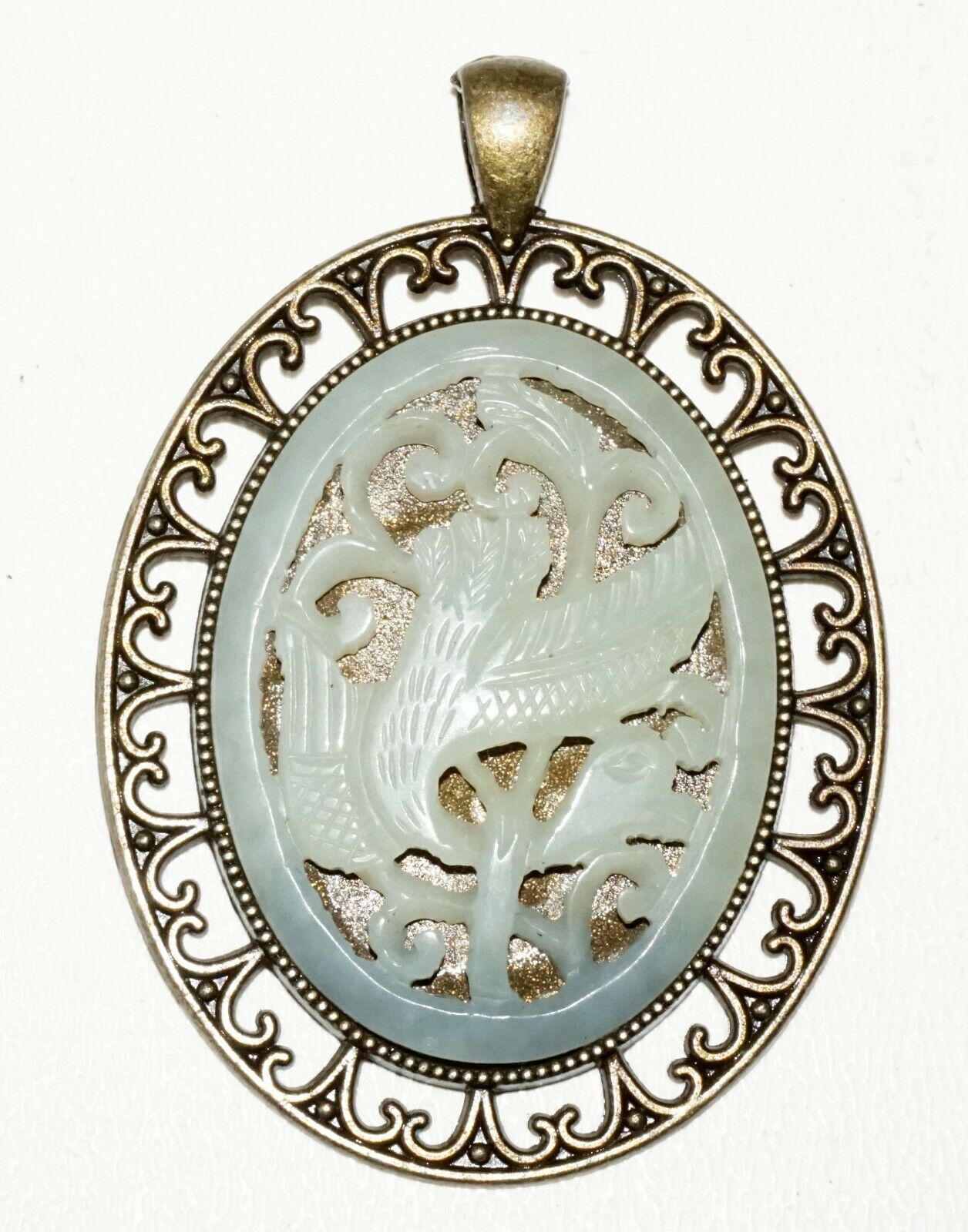 20C Chinese Pierced Oval Pendant set w. Pierced Jade Plaque Phoenix Motif (***)