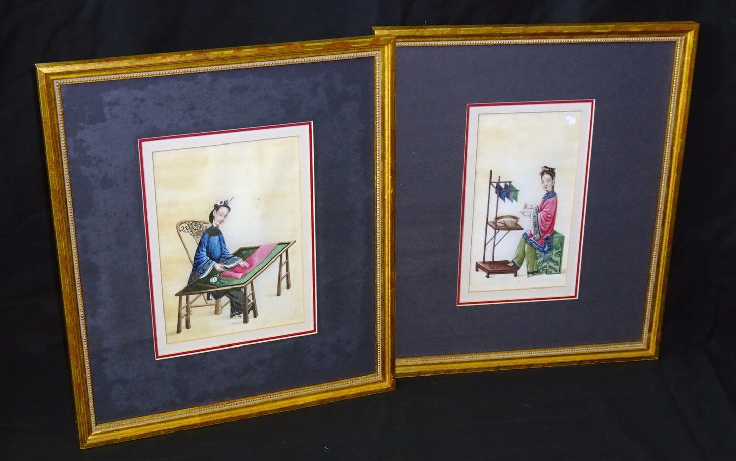 2x 19C Chinese Framed Qing WC Paintings on Pith of Seated Fine Ladies (Sul) G#1