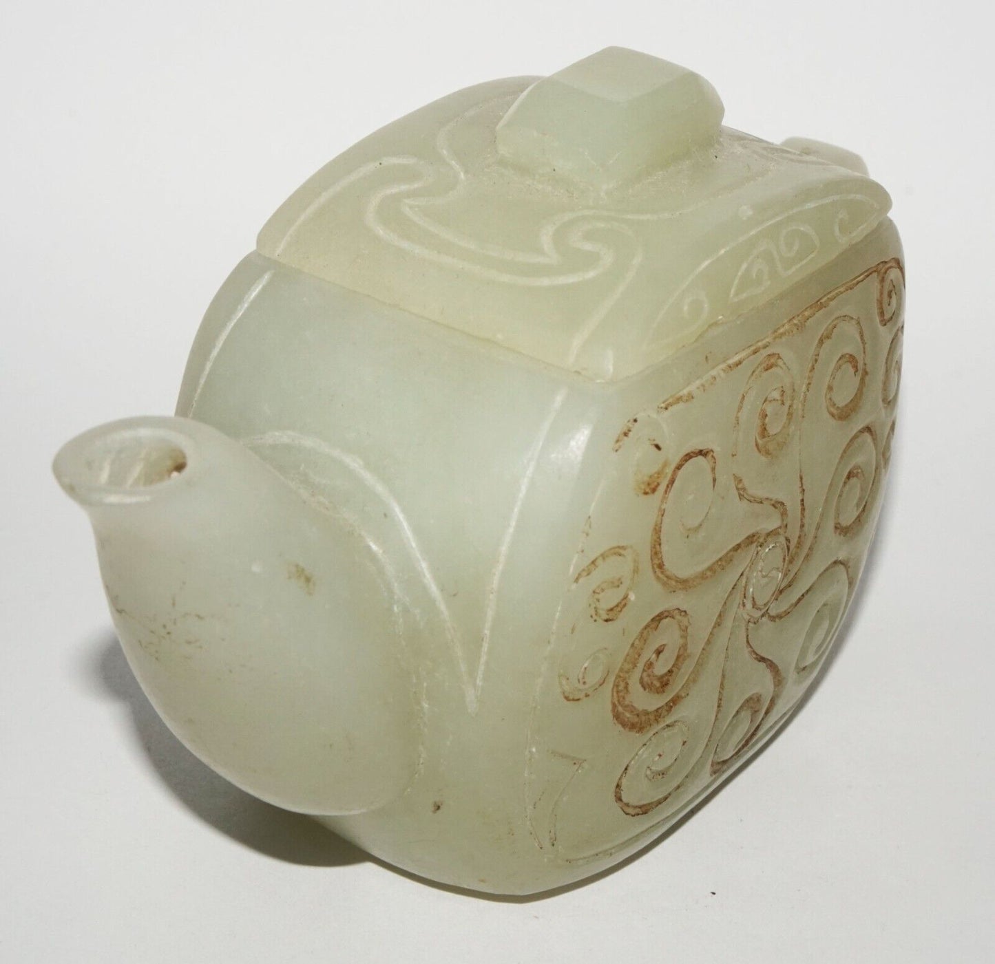 Vintage Chinese Nephrite Jade Carved Tea Pot w Incised Curvilinear Motifs (LeS)