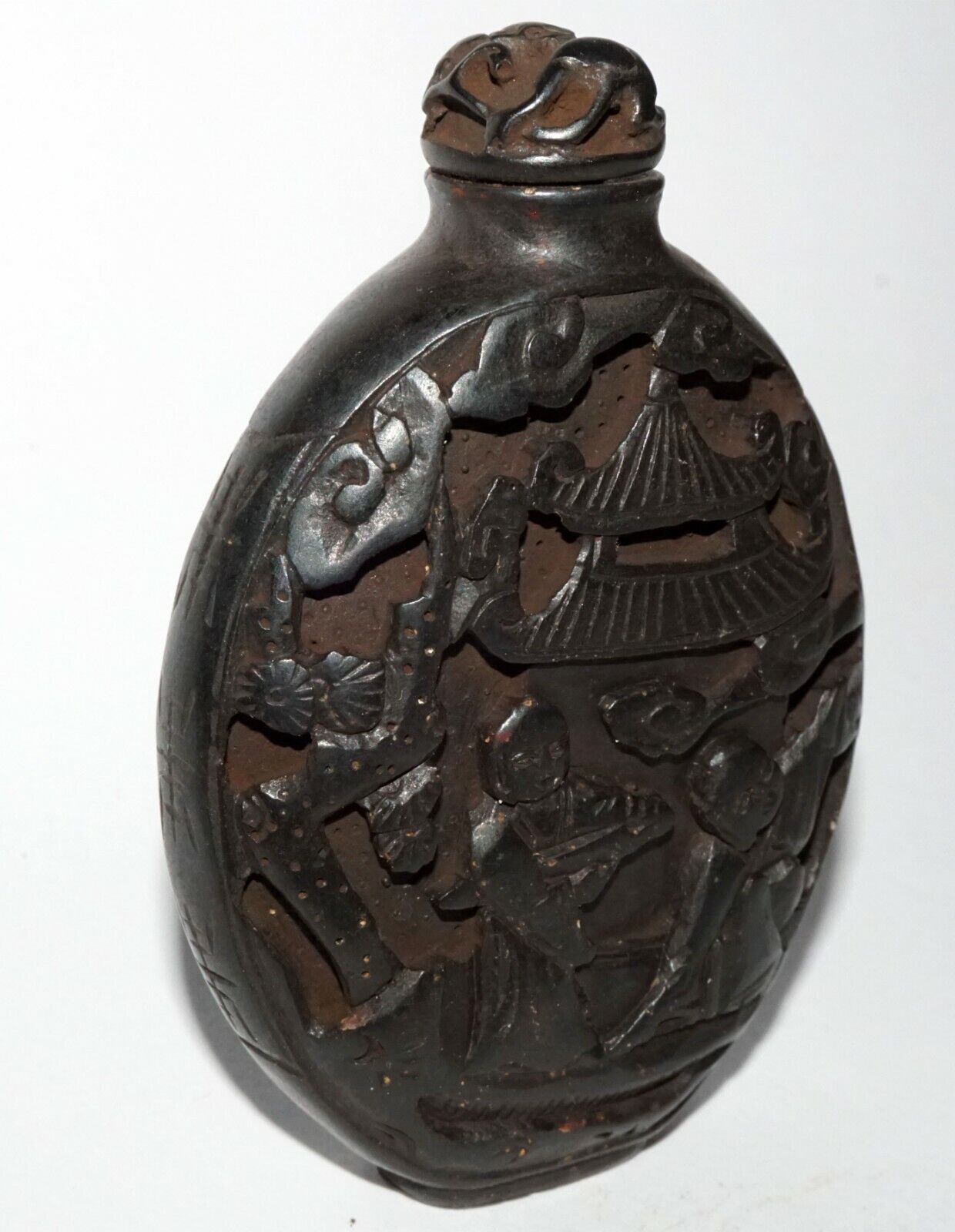 Vintage Chinese Black Lacquer Relief Carved Snuff Bottle Buddhist Motif (LeS) G1