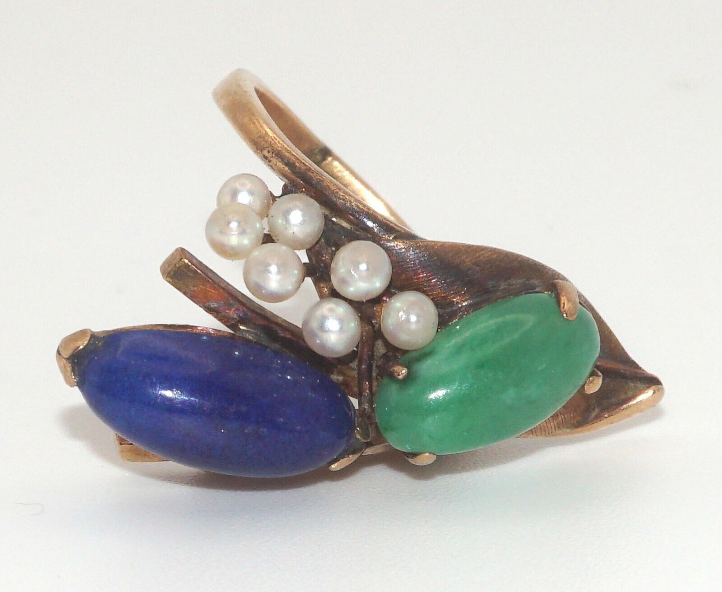 14k Yellow Gold Cocktail Ring Sz. 5 1/4 w Lapis, Jadeite & Mini Pearls (LeD)