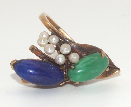 14k Yellow Gold Cocktail Ring Sz. 5 1/4 w Lapis, Jadeite & Mini Pearls (LeD)