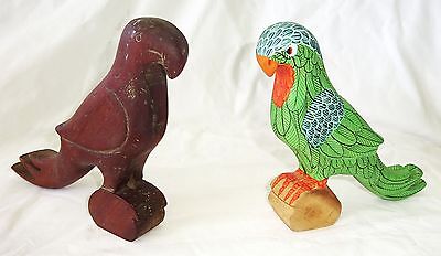 2x 1980s Haitian Wooden Parrot Bird Carvings Sculptures (Stea)