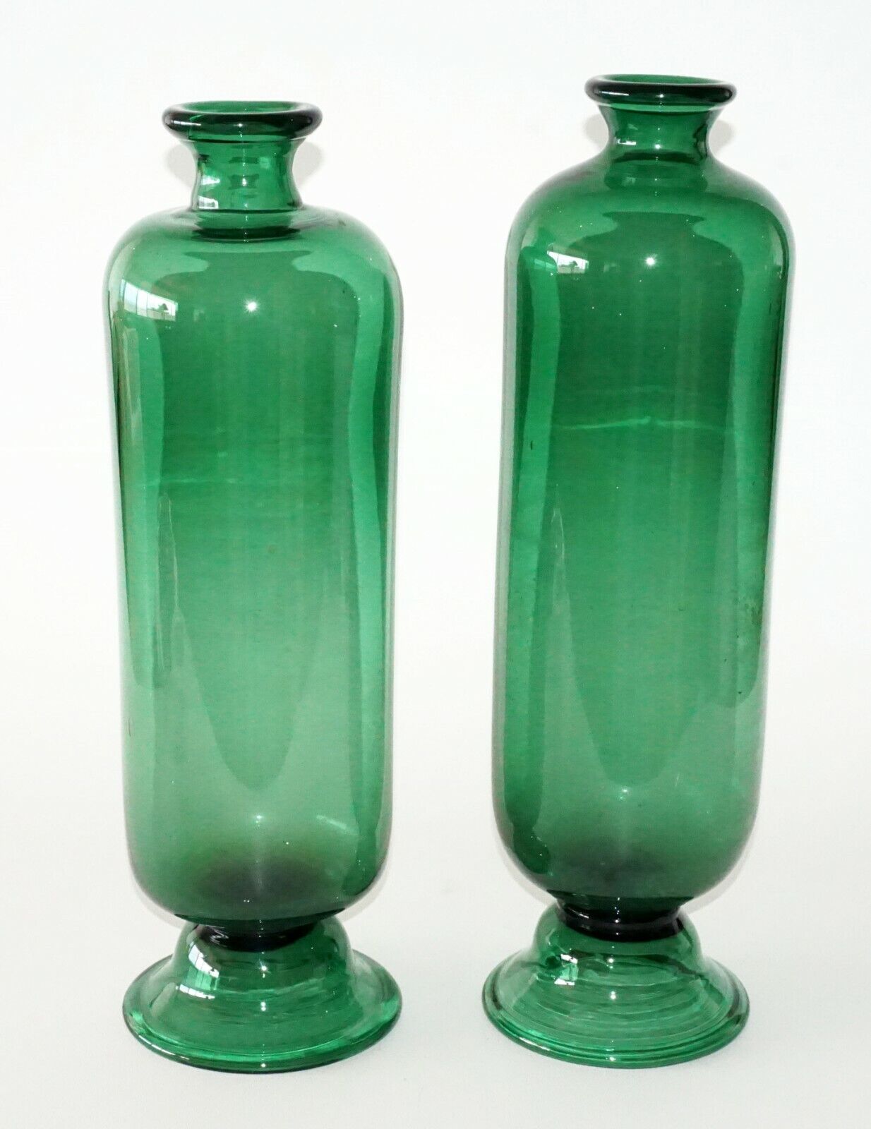 19C Pair English Birmingham 18" Tall Footed Green Glass Bottle Vases (FLA)