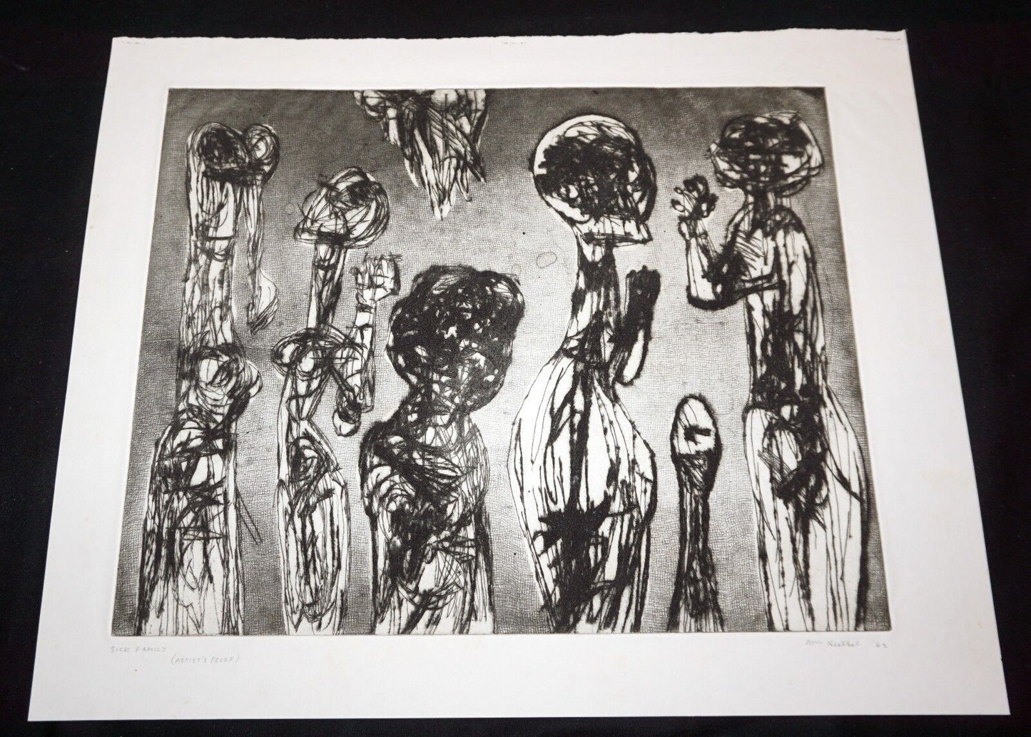 '62 California Abstract Etching Print "Sick Family" by William Hesthal (Mod)