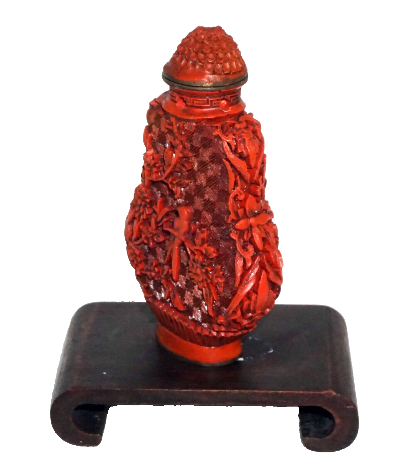 Chinese Cinnabar Style Carved Snuff Bottle w. Birds Motifs & Reign Mark (Kai)