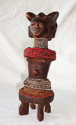 20CT African Zaire Tribal Ancestral Figure Sculpture Carving w Bead Accents(Eic)