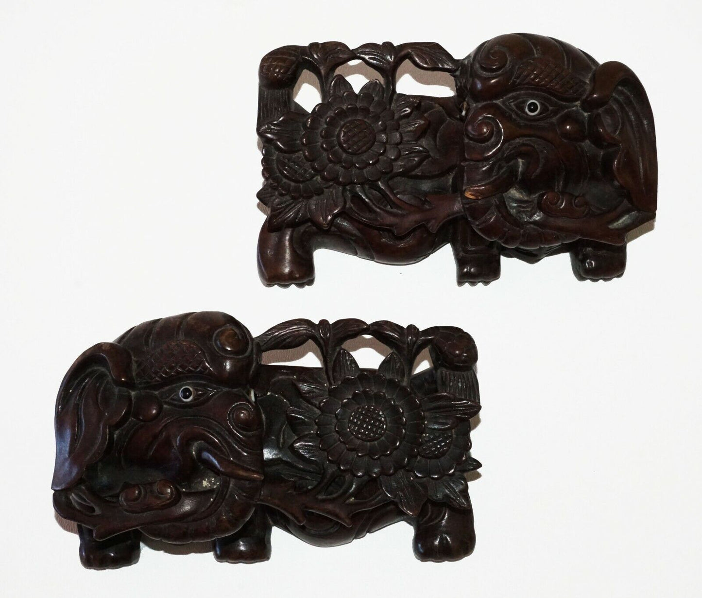 2x-19/20C Chinese Pierced Wood Carved Elephant & Flower Motif Ornaments (Cwo) IC