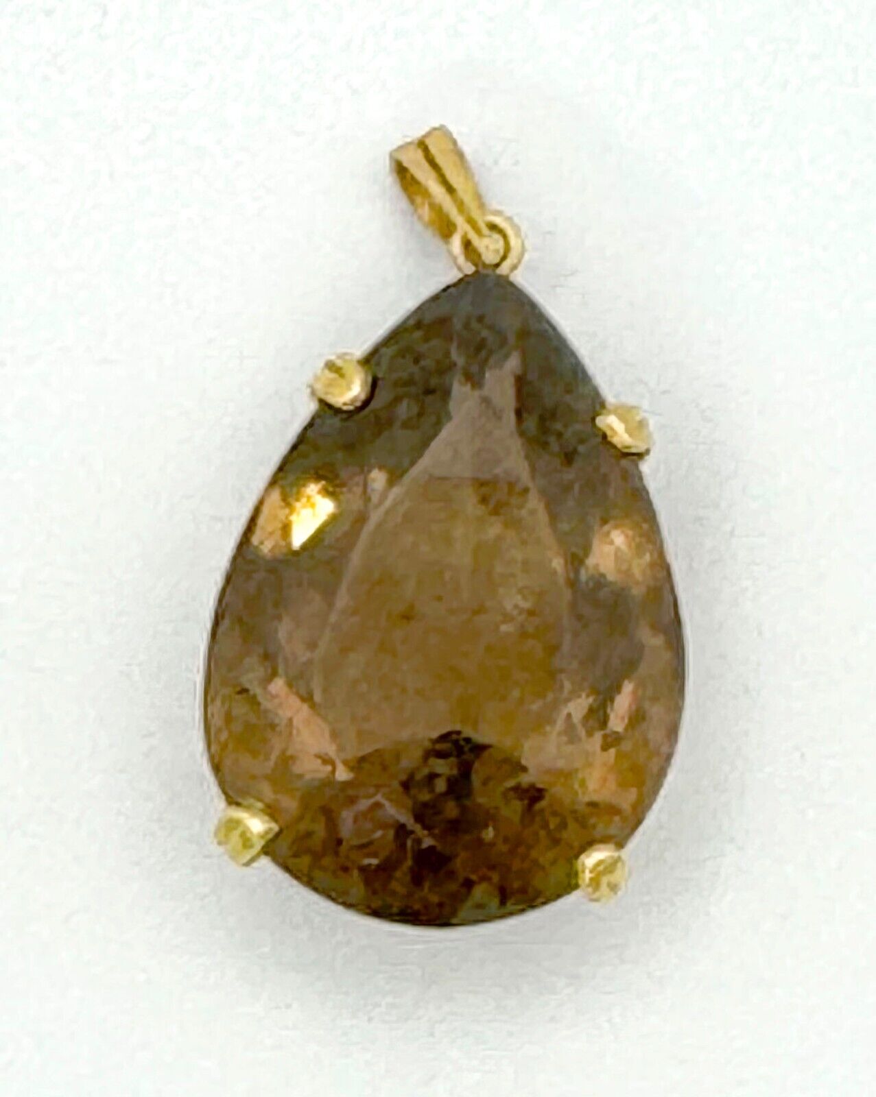 Vintage 14k Yellow Gold Pear-Cut Faceted Smoky Quartz Prong Set Pendant (McC)