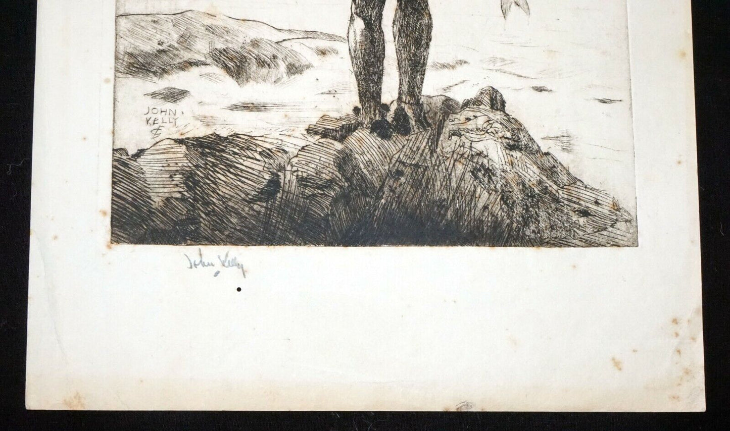 1928 Hawaii Etching Print Fisherman by John Melville Kelly (1879-1962)(Kel)