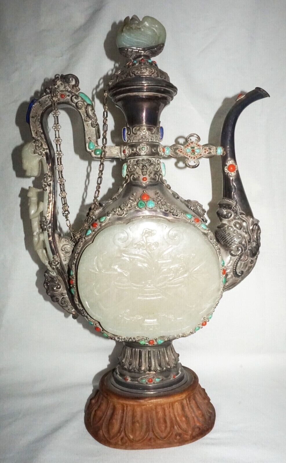 Mongolian Silver Ewer w. White Jade Plaques Dragon Hook Coral Turquoise (LeD)