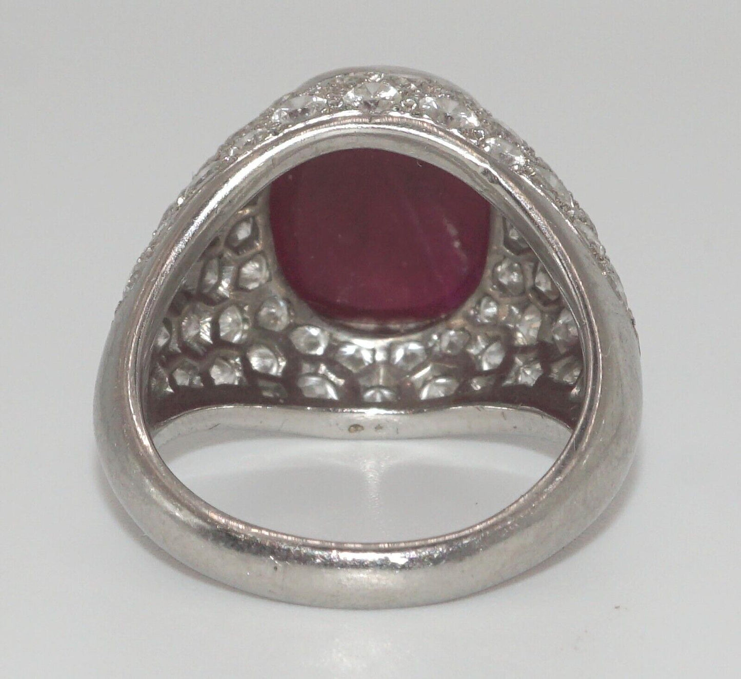 Vintage Platinum Ring w Ruby Cabochon & Diamond Pave-Set Dome Sz. 9 1/2 (LeD)