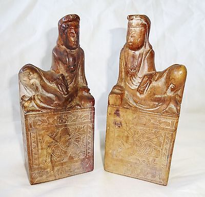 20CT Pair Chinese Steatite Seals Surmounted by Robed Female Figure (AHB)