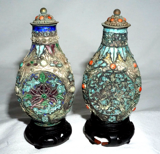 2Pc Chinese Silver & Enamel Coral & Turquoise Floral Snuff Bottles (LLA) IC