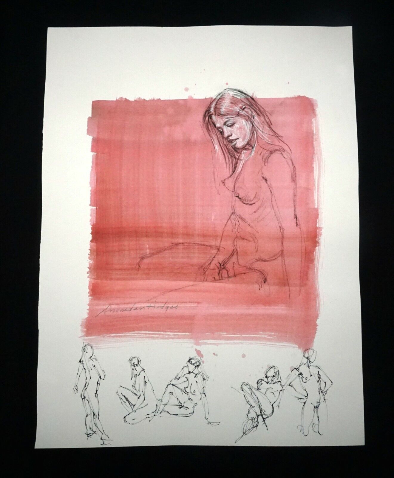 Hawaii Mixed Media Wash Painting Seated Female Nude Snowden Hodges (Sho)#111