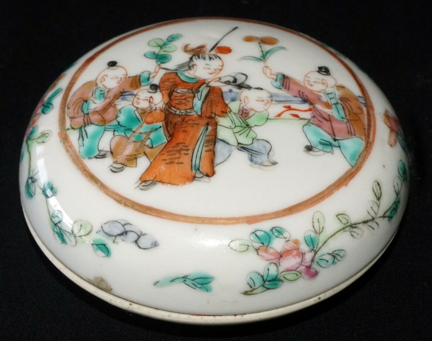 19C Chinese Seal Paste Covered Box w. Scholar & Attendant in Garden Motif (FiS)