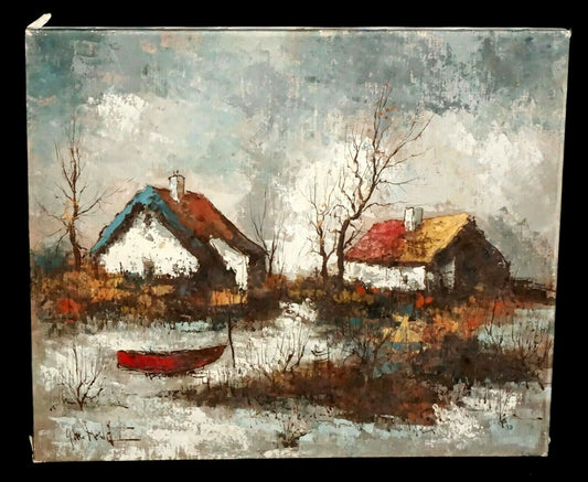 Vintage French Unframed Oil Painting Farm Houses & Boat illegibly signed (HoL)