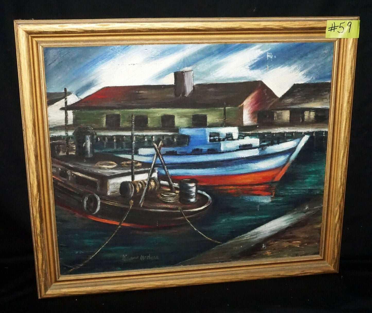 '30s Hawaii Oil Painting "Harbor View" by Hiromu Machara Hui Nani Art Club (***)