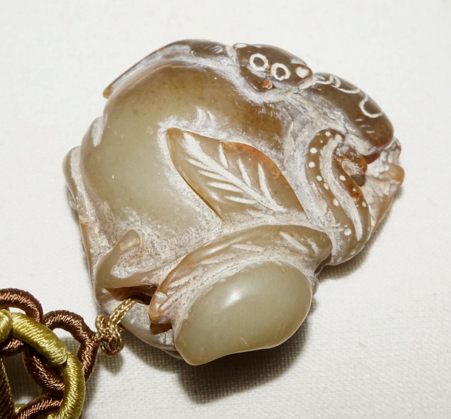 Vintage Chinese Soapstone Carving w Bat on Peach Motif & Cord Necklace (LeS)L20