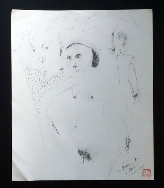 90s France Hawaii Outsider Art Pencil Drawing Nude Figures Claude Vedel (EtJ)#28