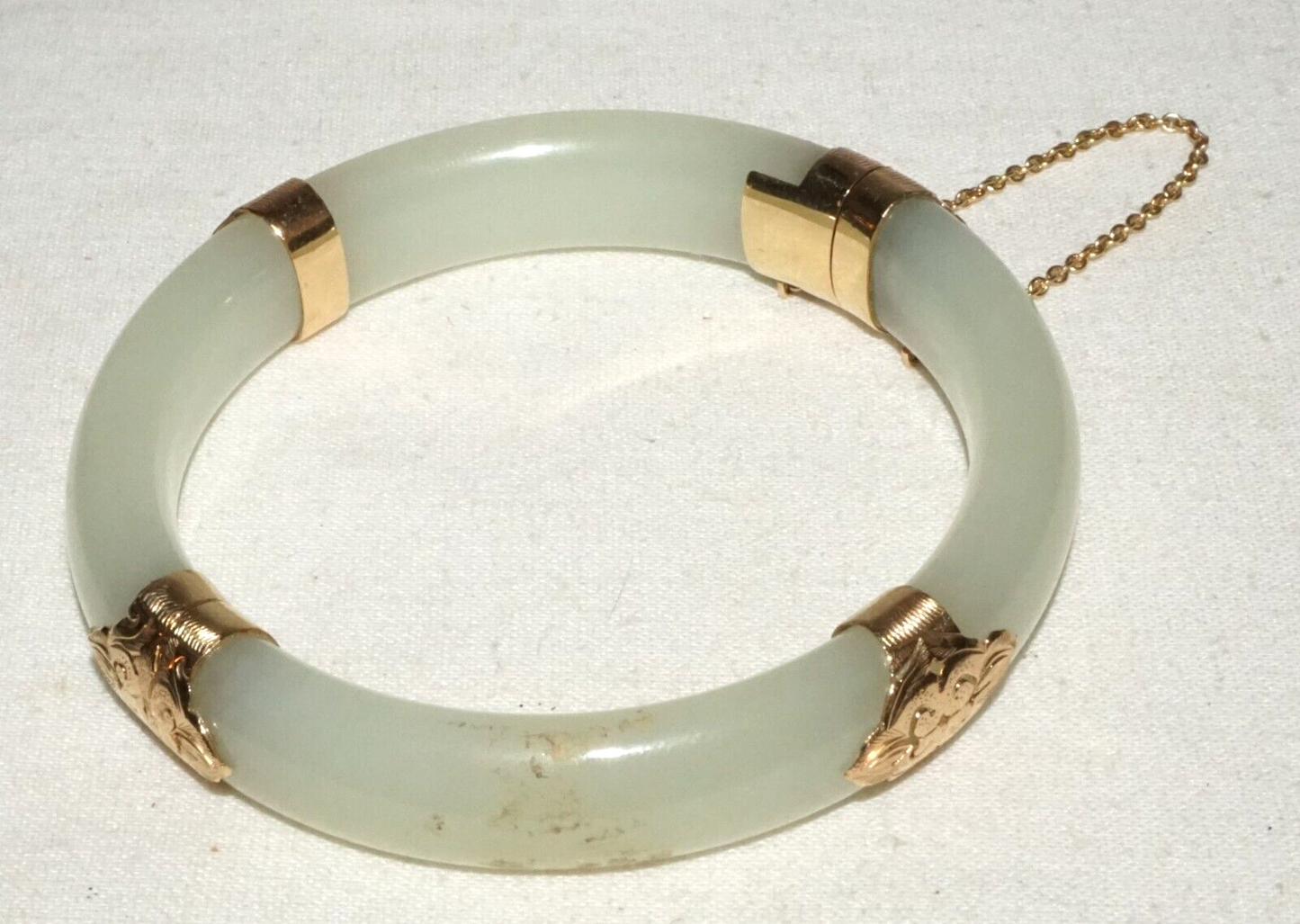 Vtg Chinese 14k Yellow Gold & Pale Green Jadeite Jade Bracelet Ming's (LeS)L25