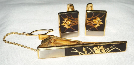 3Pc Japanese 18k Gold Plated Tie Clasp & Cufflinks w. Lacquer Flower Motif (OdC)