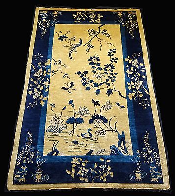 1920s Chinese Blue & Gold Wool Pile Rug w. Auspicious Motifs 92"x 60" (Sig)