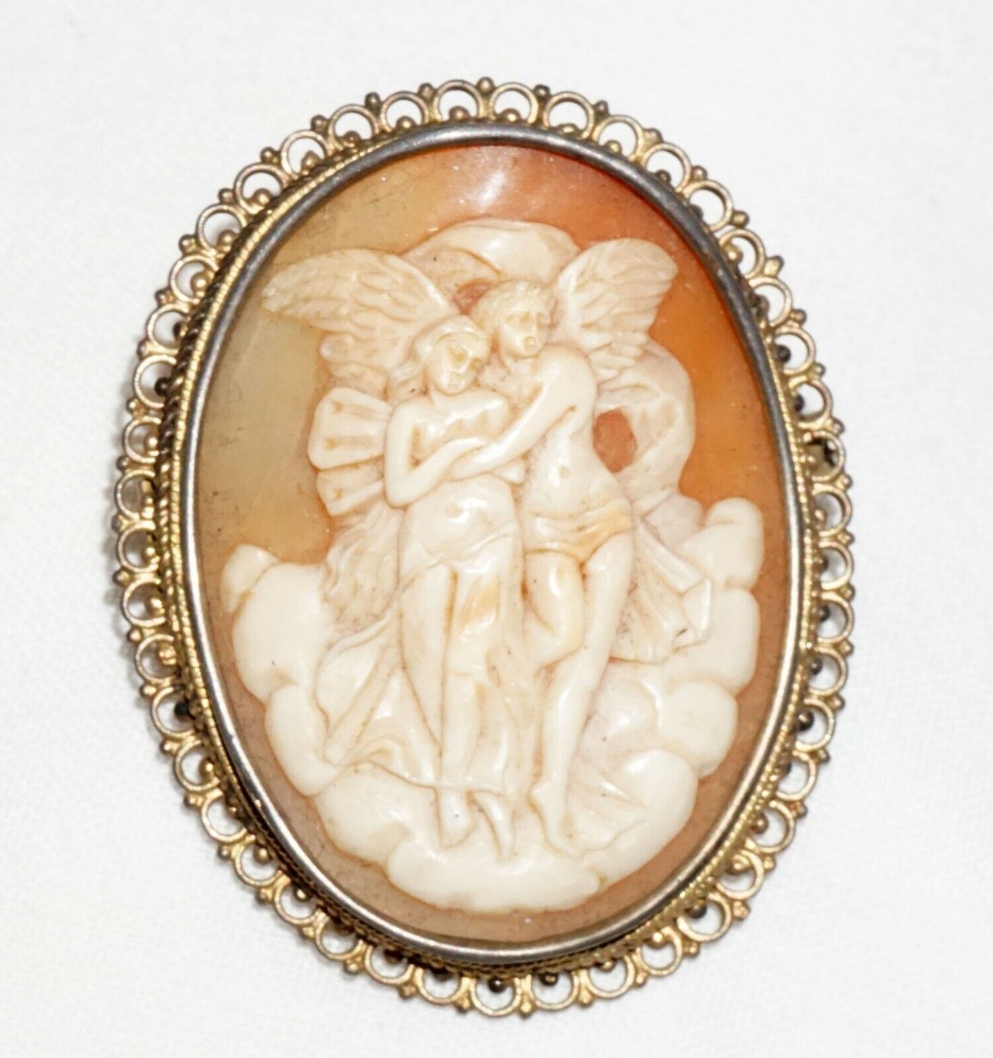 Vintage Unmarked Metal Scroll Design Brooch Shell Cameo w Angel Motif (BiB)