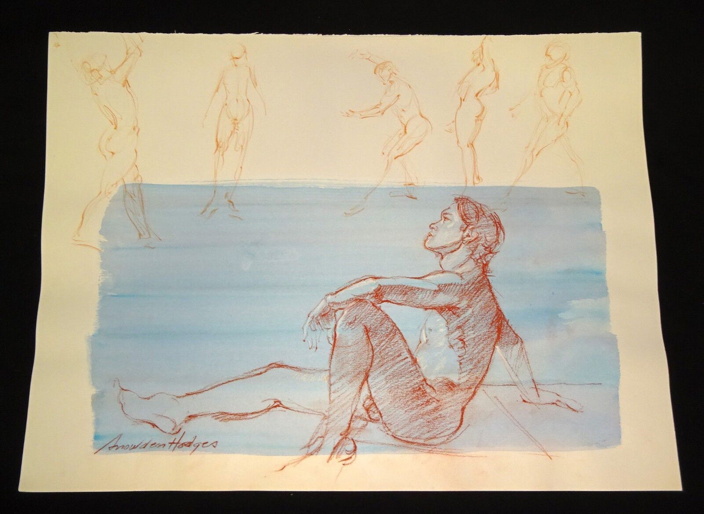 Hawaii Conte Color Wash Drawing Painting Male Nude by Snowden Hodges (Sho)