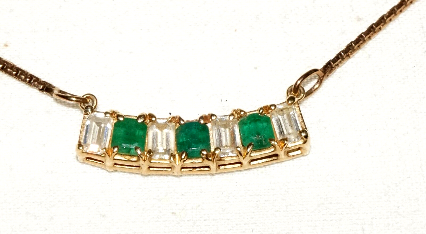 Vintage 14k Yellow Gold Necklace w. Bar Pendant 3x Emeralds & 4x CZ's (GoB) #29