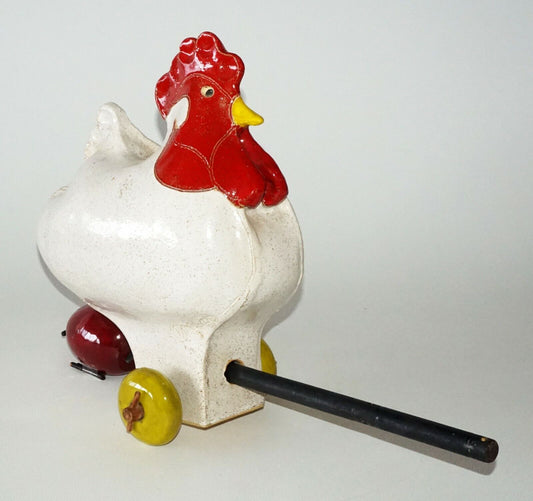 1980s US Pottery "Big Big Chicken" Egg Piggy Bank on Wheels sign AKM (TaE) IC