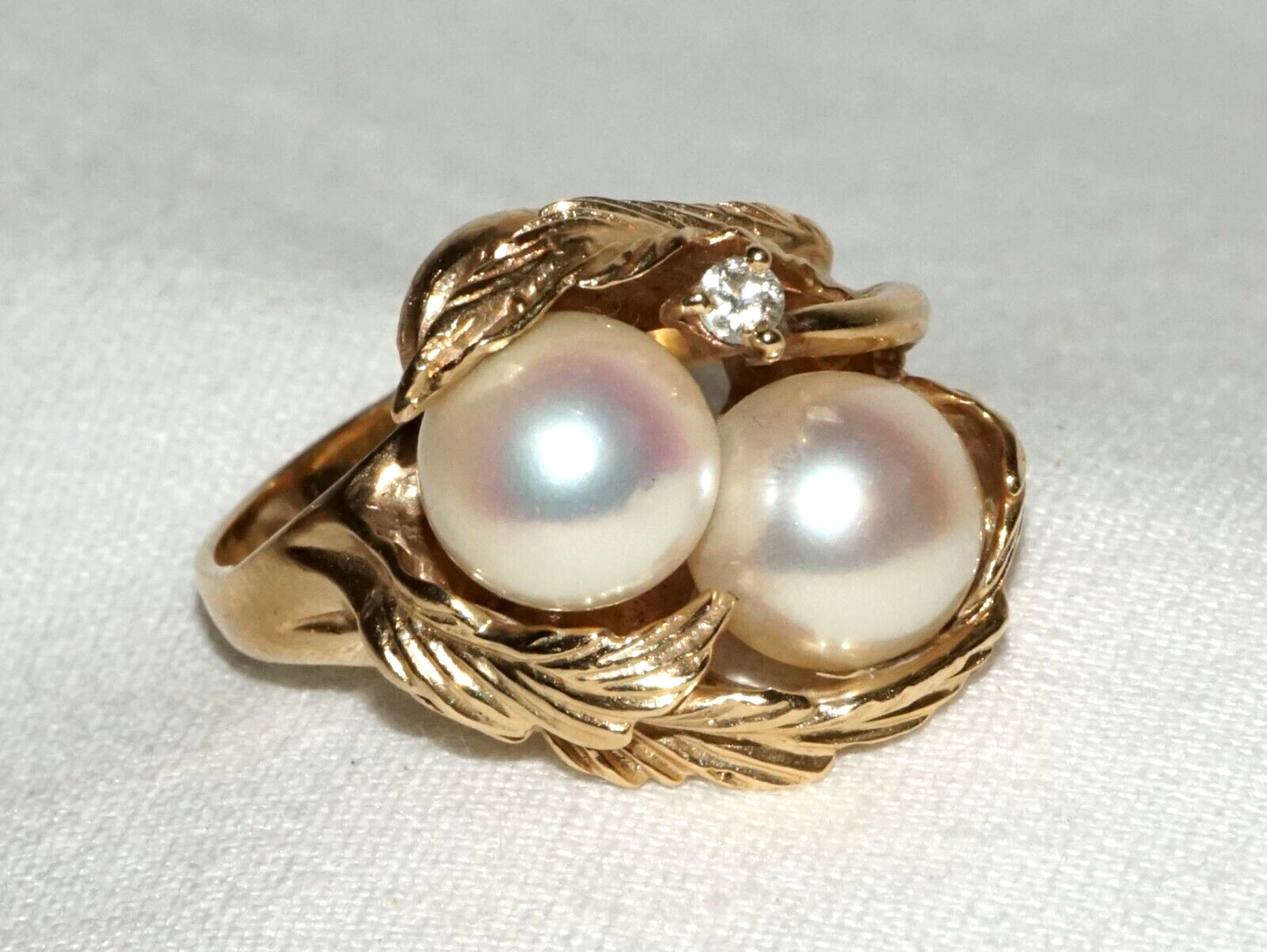 Vintage US 14k Yellow Gold Ring Sz.6.5 w. 2x Pearls & 1x Diamond Accent (FeD)