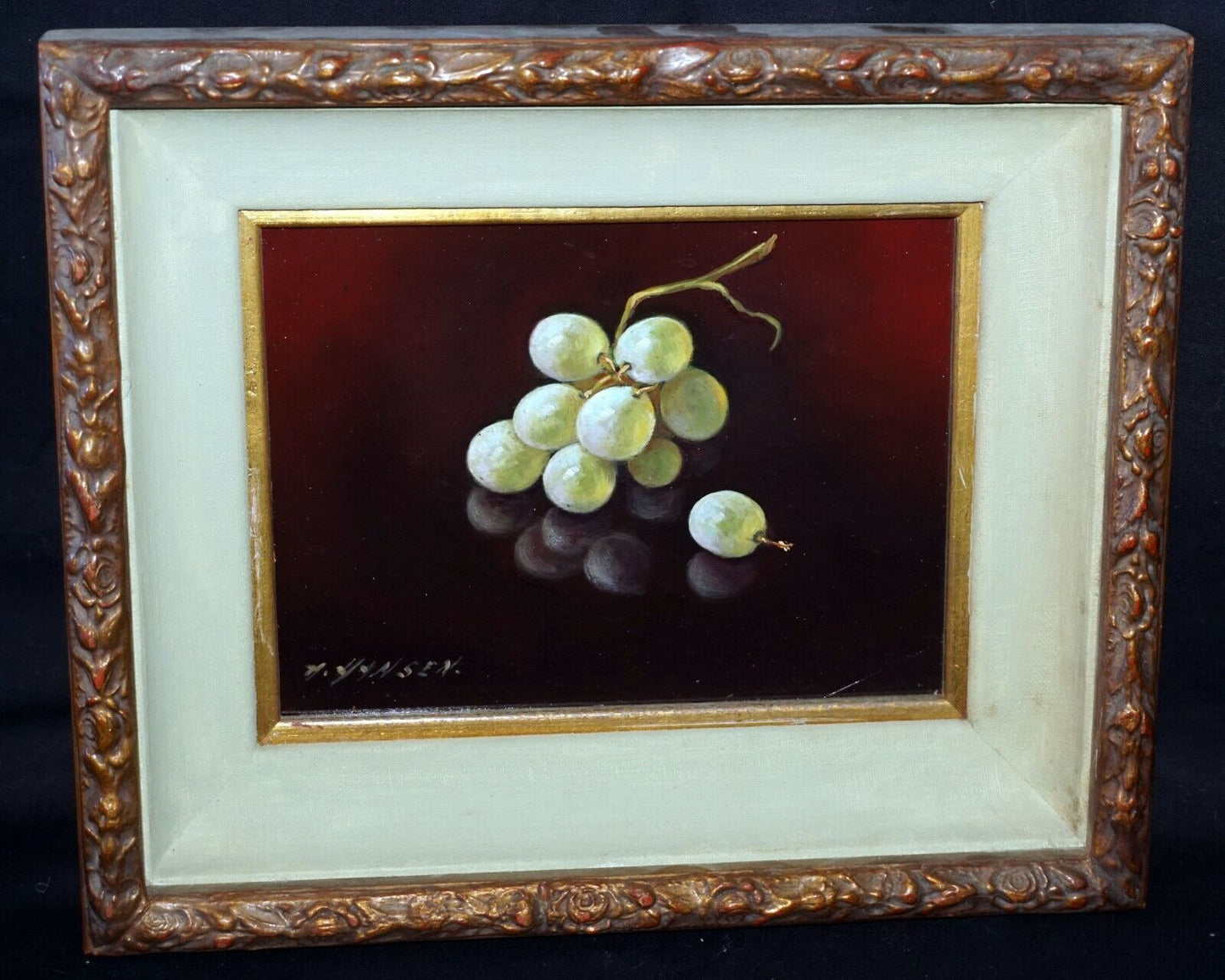 Vintage US Framed Oil Still Life Painting Green Grapes by A. Hansen (FeO)