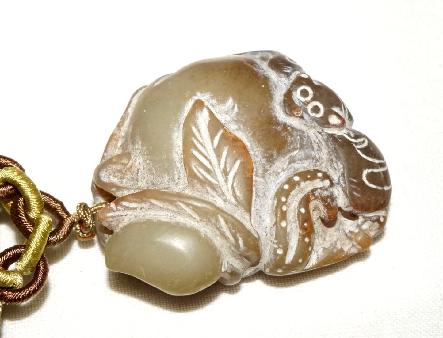 Vintage Chinese Soapstone Carving w Bat on Peach Motif & Cord Necklace (LeS)L20