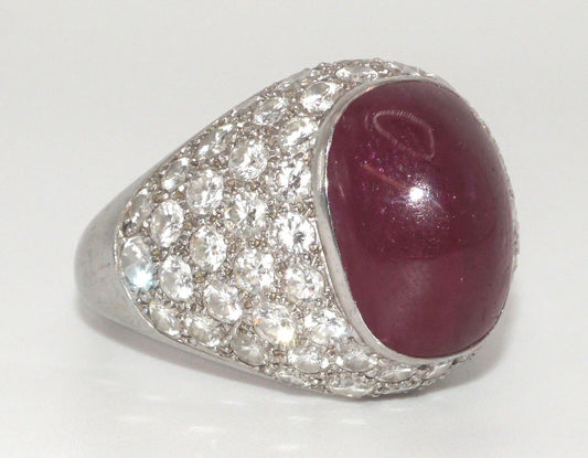 Vintage Platinum Ring w Ruby Cabochon & Diamond Pave-Set Dome Sz. 9 1/2 (LeD)