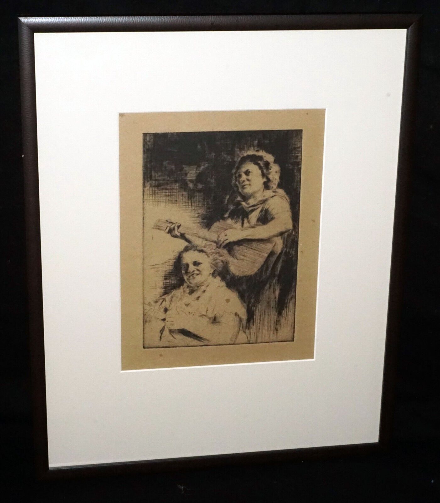 1930s Hawaii Etching Print "Two Musicians" by John M. Kelly (1879-1962) (+)