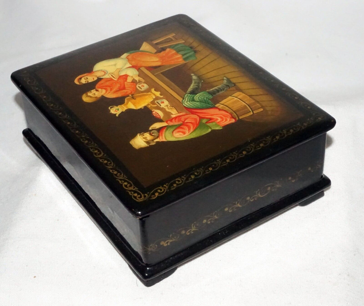 Vintage Russian Lacquer Box Three Figures Seated Around a Table signed (AHB)