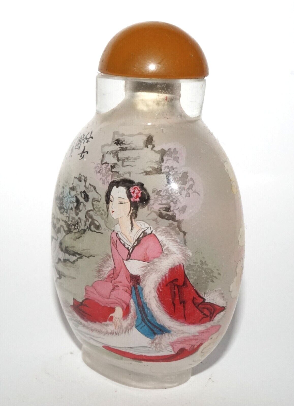 Vintage Chinese Reverse Painted Glass Snuff Bottle w Woman Motifs (LeS) G12