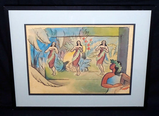 '40s Hawaii Ink & WC Painting Hula Dancers Robert L. Eskridge (1891-1975)(BeG)