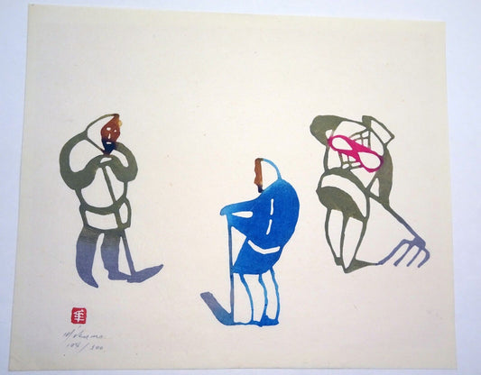 1960s Japanese Woodblock Print "Three Figures Working" by Mikumo Ishihara (Fur)