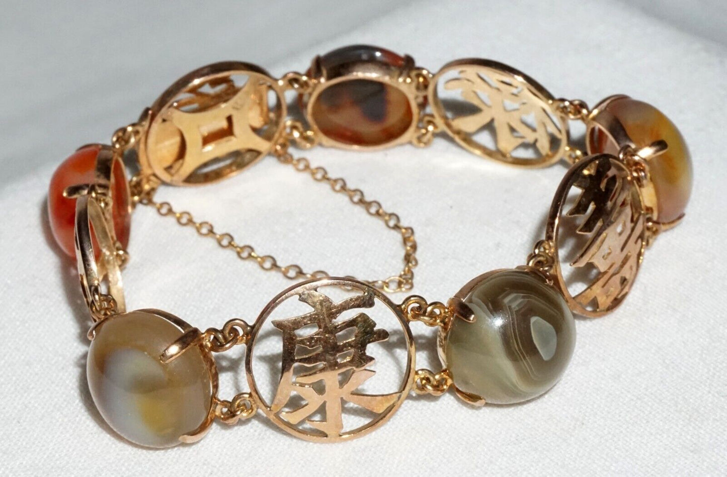 Vtg Chinese 14k Yellow Gold Auspicious Character Bracelet w. Stone Accents (InS)