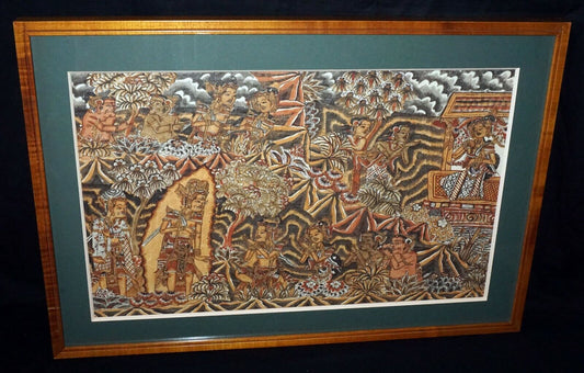 40s Balinese Koa Framed Folk Painting "Figures & Temples" unsigned (AsL)