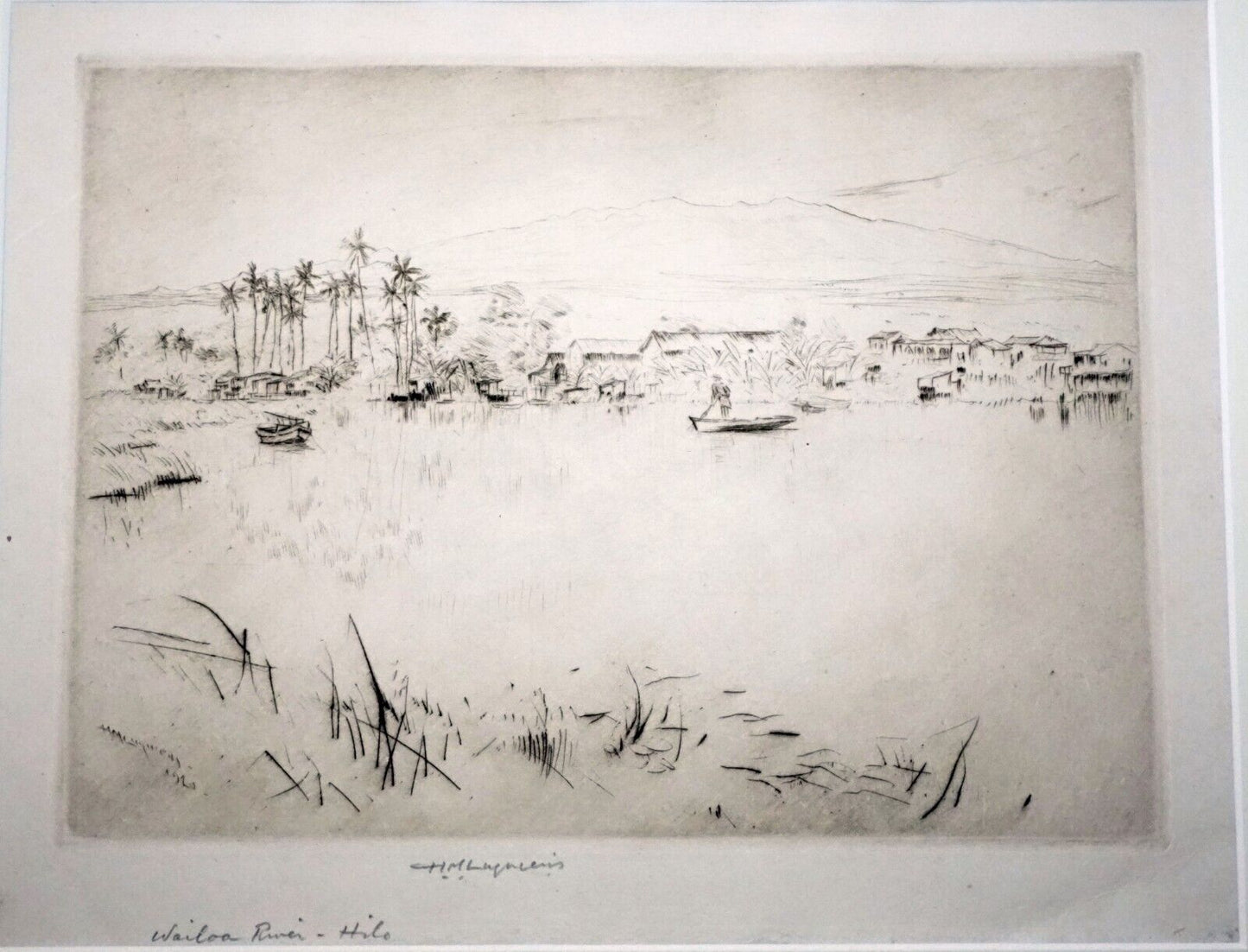 1920 Hawaii Etching Print "Wailoa River, Hilo" Huc M. Luquiens (1881-1961) (FeL)