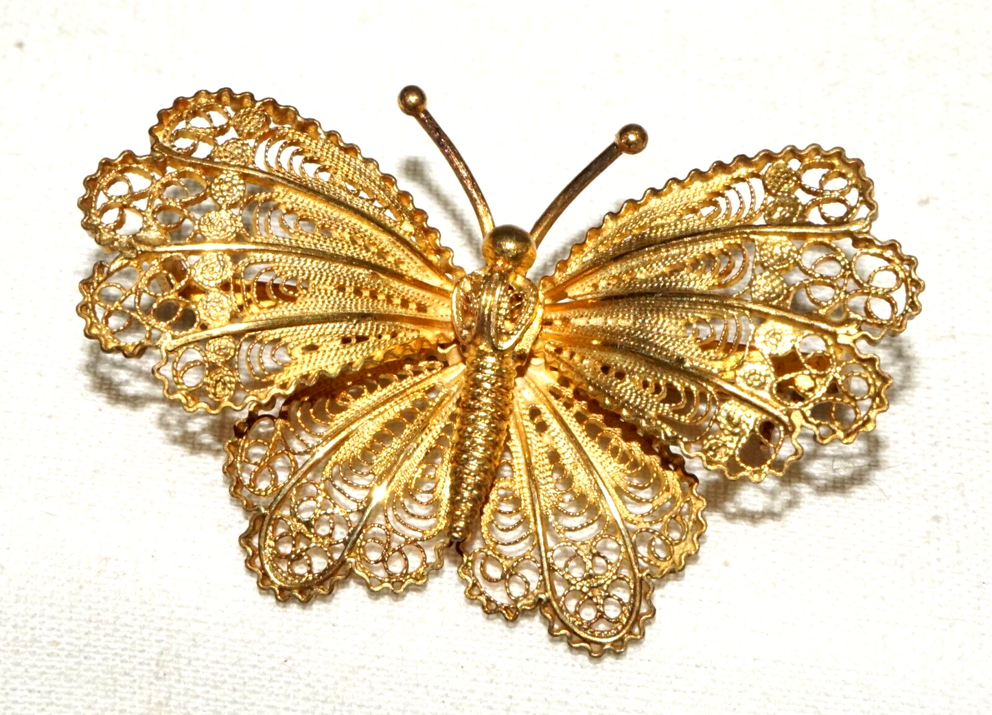 Vintage Gold-Washed 800 Silver Filigree Butterfly Brooch Pin (InS)#L1