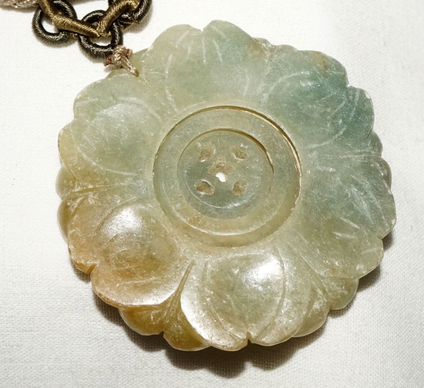 Antique Chinese Jade Carved Flower Pendant w. Double Spinning Center (LeS)L24