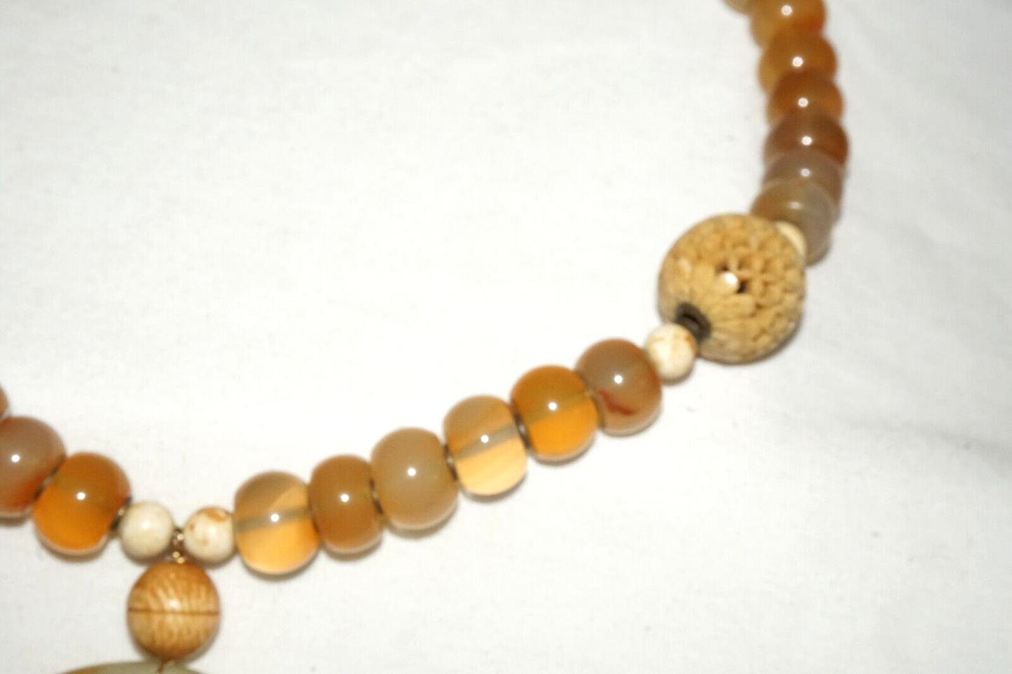 Chinese Yellow Semi Translucent Hard-stone Bead Necklace w. Jade Pendant (PaS)