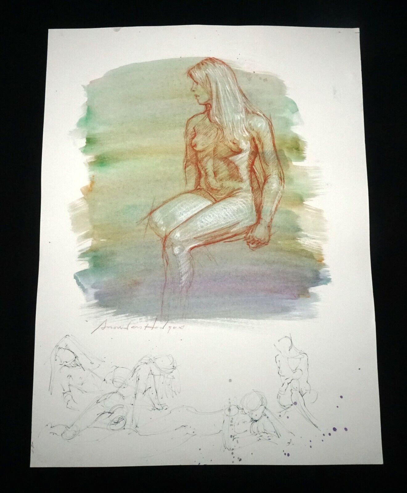 Hawaii Mixed Media Wash Painting Seated Female Nude by Snowden Hodges(Sho)#101