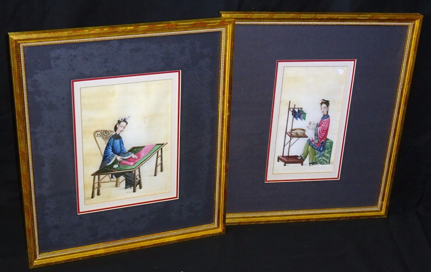 2x 19C Chinese Framed Qing WC Paintings on Pith of Seated Fine Ladies (Sul) G#1