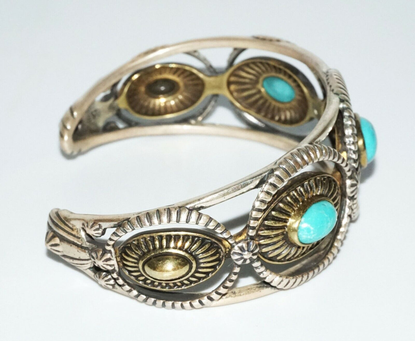 Vintage S.W. Sterling Silver & Brass Bracelet w. Turquoise by Relios (SaR)#218